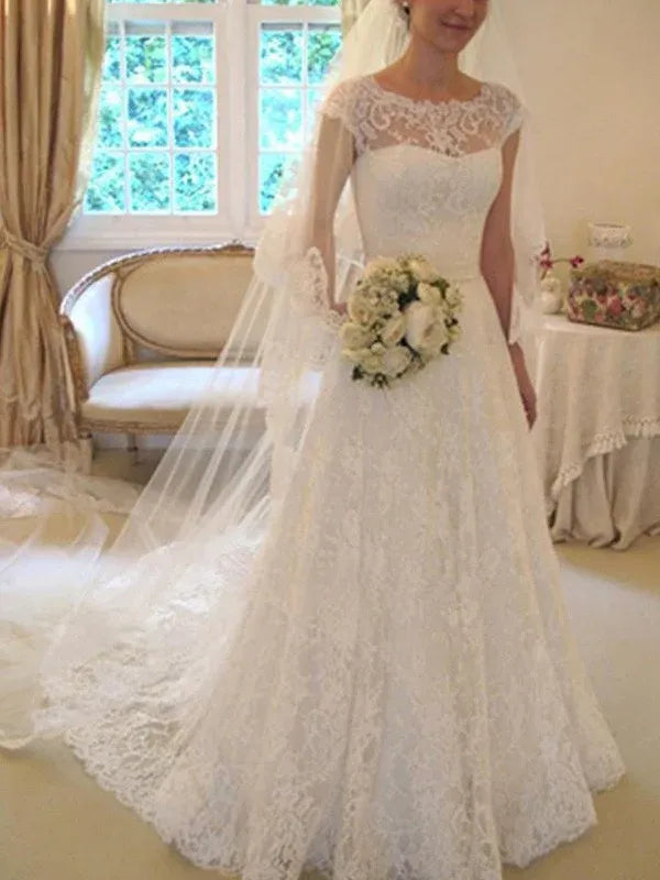 Cap‑Sleeve Illusion‑Neck Full‑Lace A‑Line Wedding Dress With Satin‑Bow Waist & Lace‑Trimmed Train