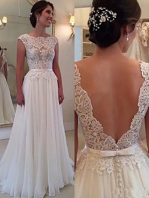 Cap‑Sleeve Illusion‑Neck Lace‑Bodice Chiffon A‑Line Wedding Dress With V‑Back & Satin‑Bow Detail