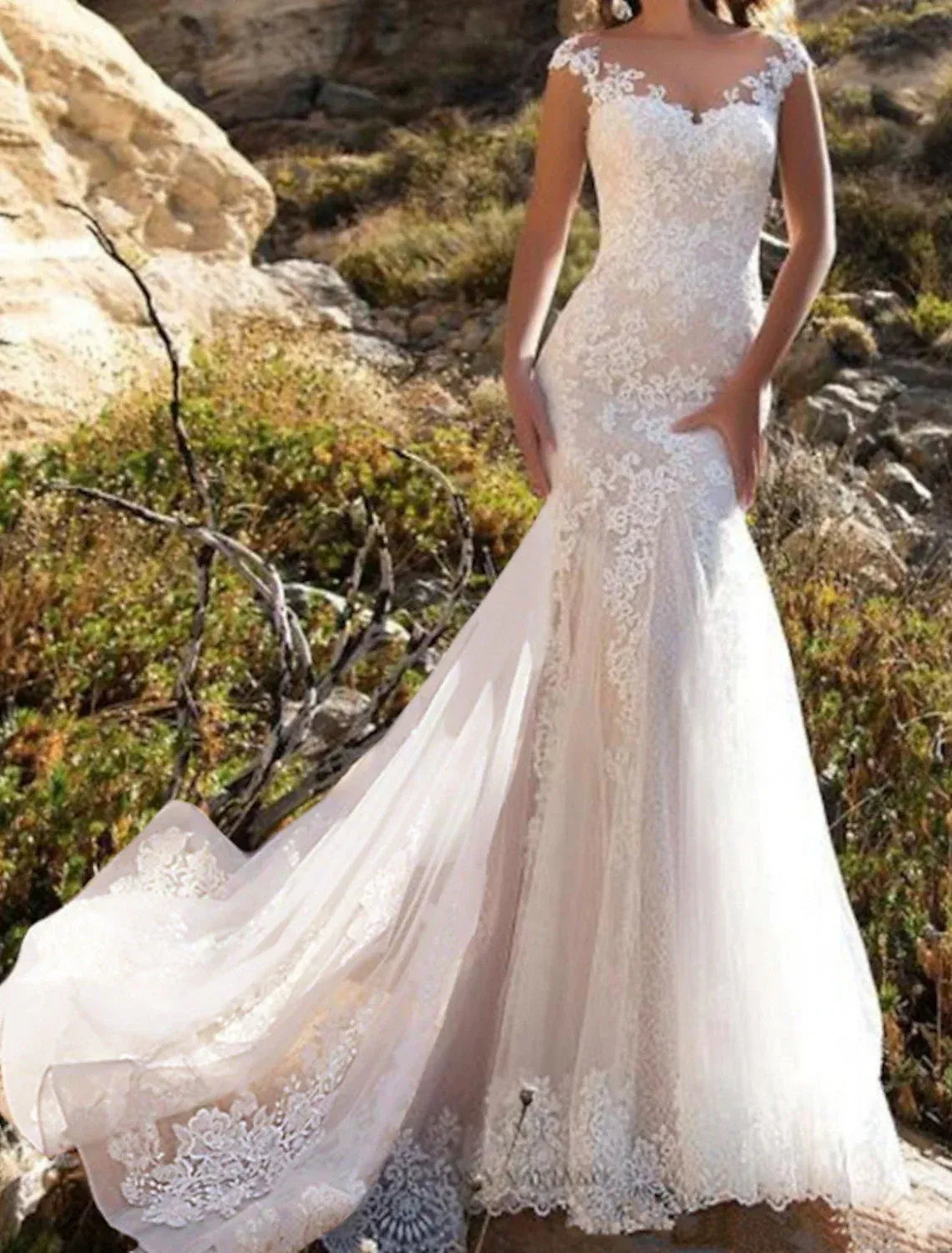 Cap Sleeve Illusion Neck Lace Mermaid Wedding Dress Sheer Back Floral Lace Chapel Train