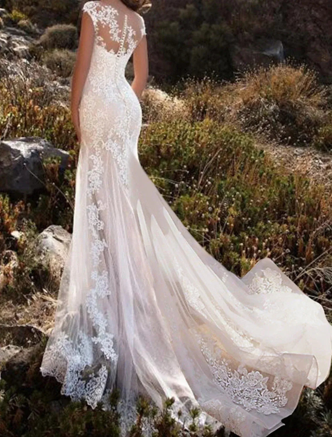 Cap Sleeve Illusion Neck Lace Mermaid Wedding Dress Sheer Back Floral Lace Chapel Train