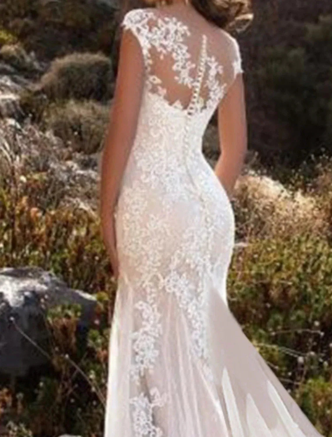 Cap Sleeve Illusion Neck Lace Mermaid Wedding Dress Sheer Back Floral Lace Chapel Train