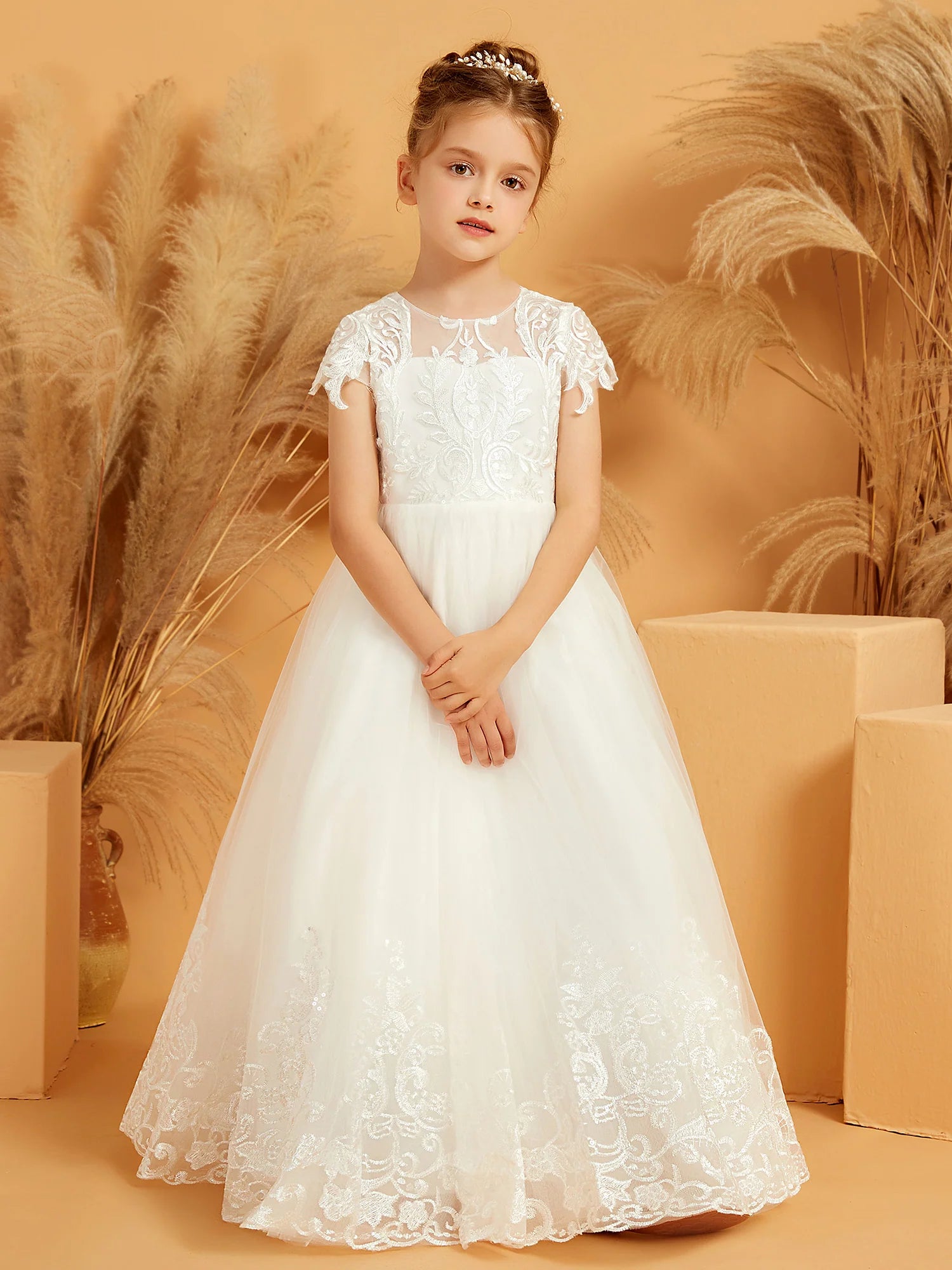 Cap Sleeve Illusion Neck Lace V Back Floor Length White Tulle Flower Girl Dresses