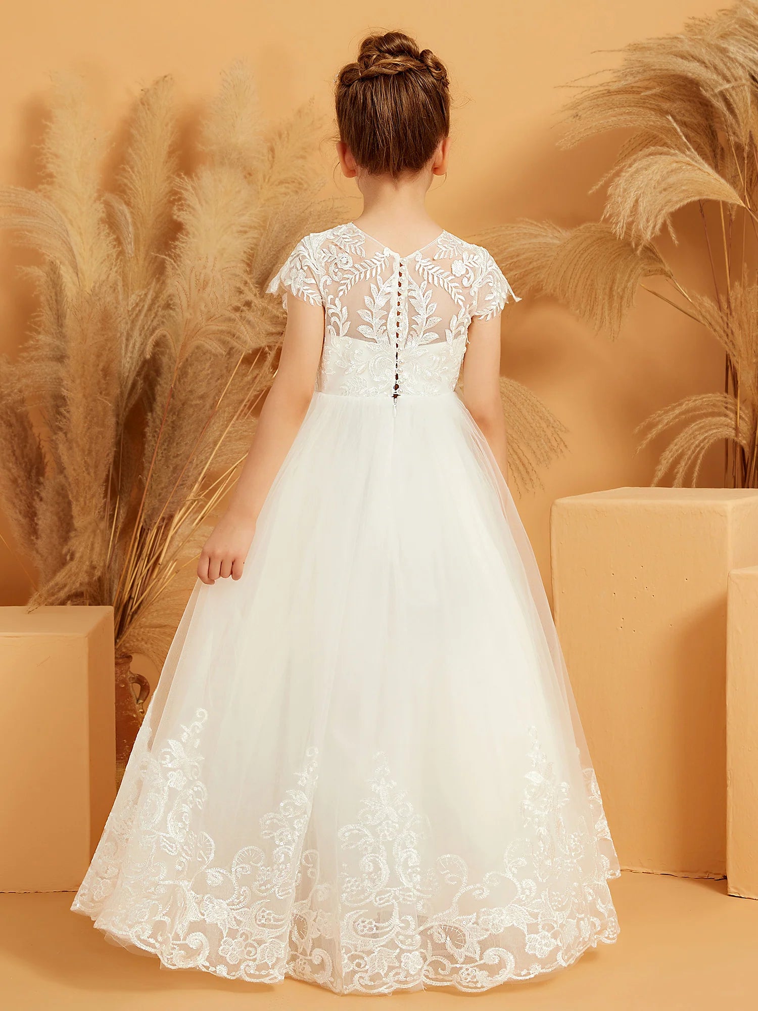 Cap Sleeve Illusion Neck Lace V Back Floor Length White Tulle Flower Girl Dresses