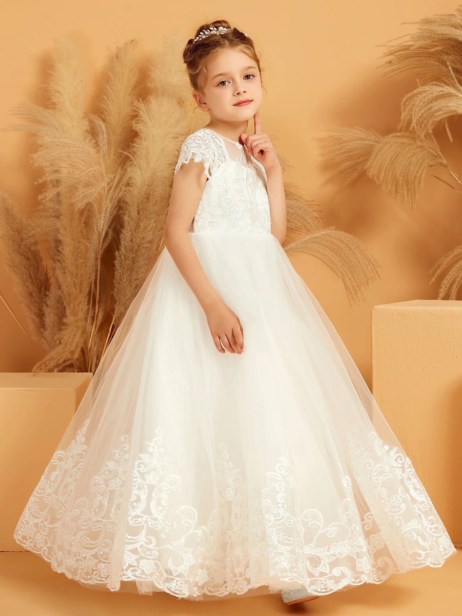 Cap Sleeve Illusion Neck Lace V Back Floor Length White Tulle Flower Girl Dresses