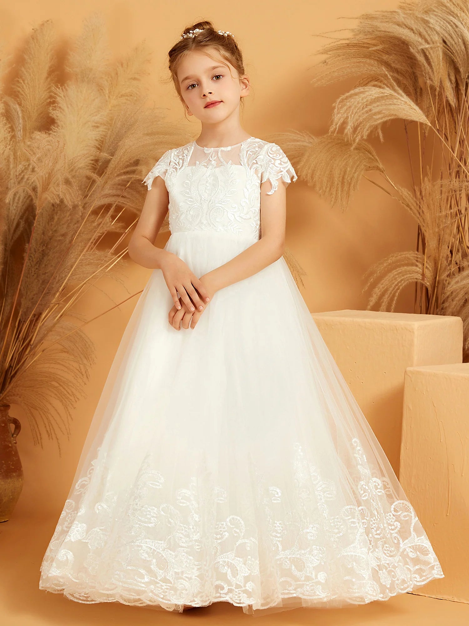 Cap Sleeve Illusion Neck Lace V Back Floor Length White Tulle Flower Girl Dresses