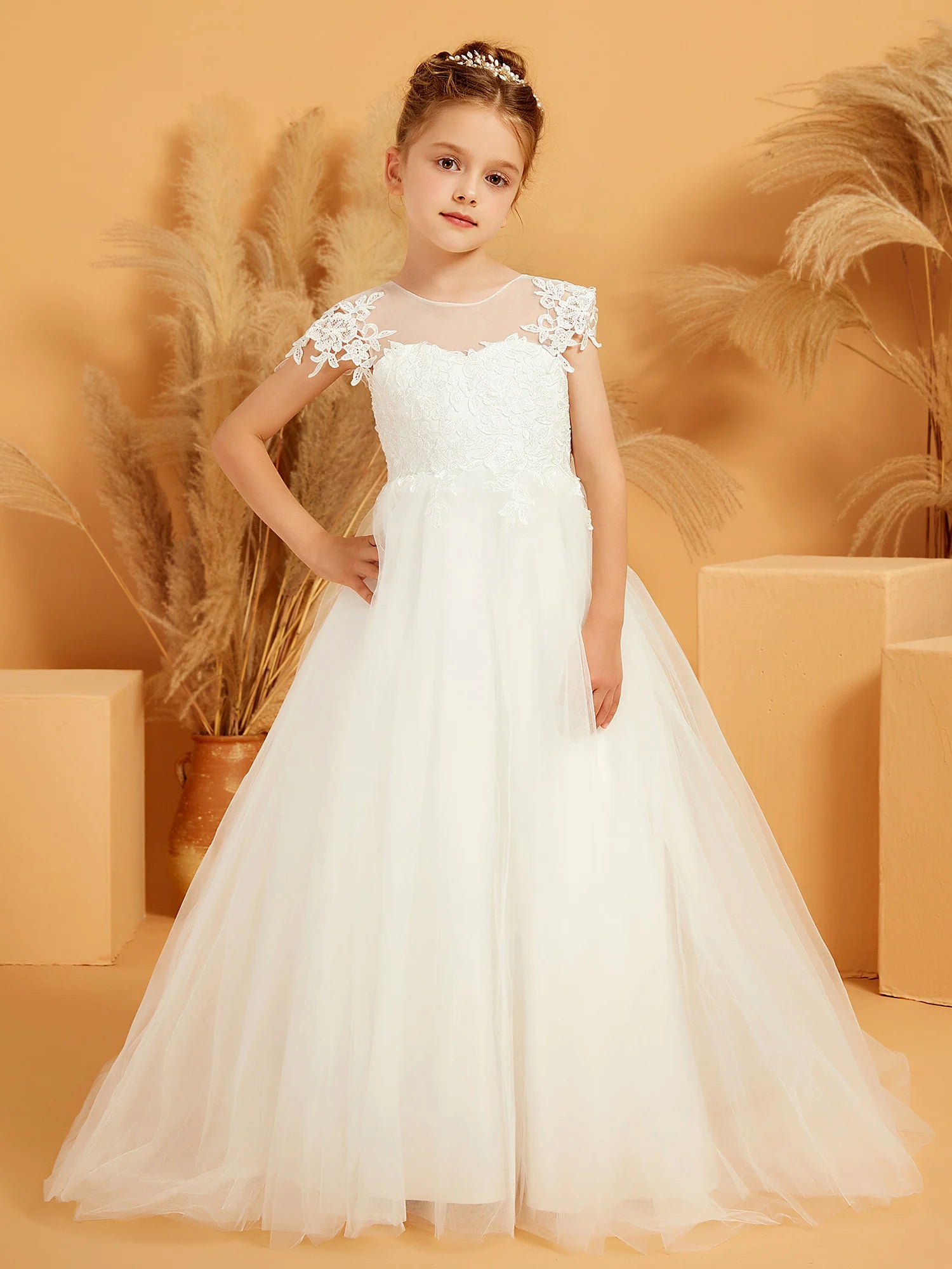 Cap Sleeve Illusion Neck Lace V Back Train White Tulle Floor Length Flower Girl Dresses