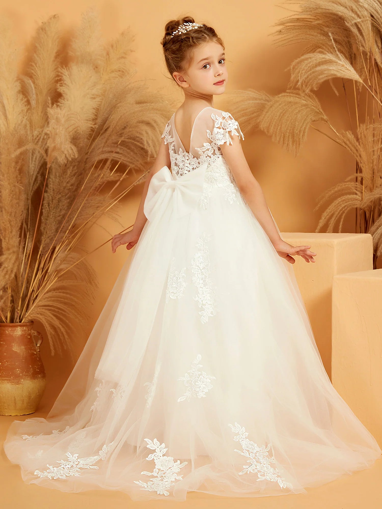 Cap Sleeve Illusion Neck Lace V Back Train White Tulle Floor Length Flower Girl Dresses