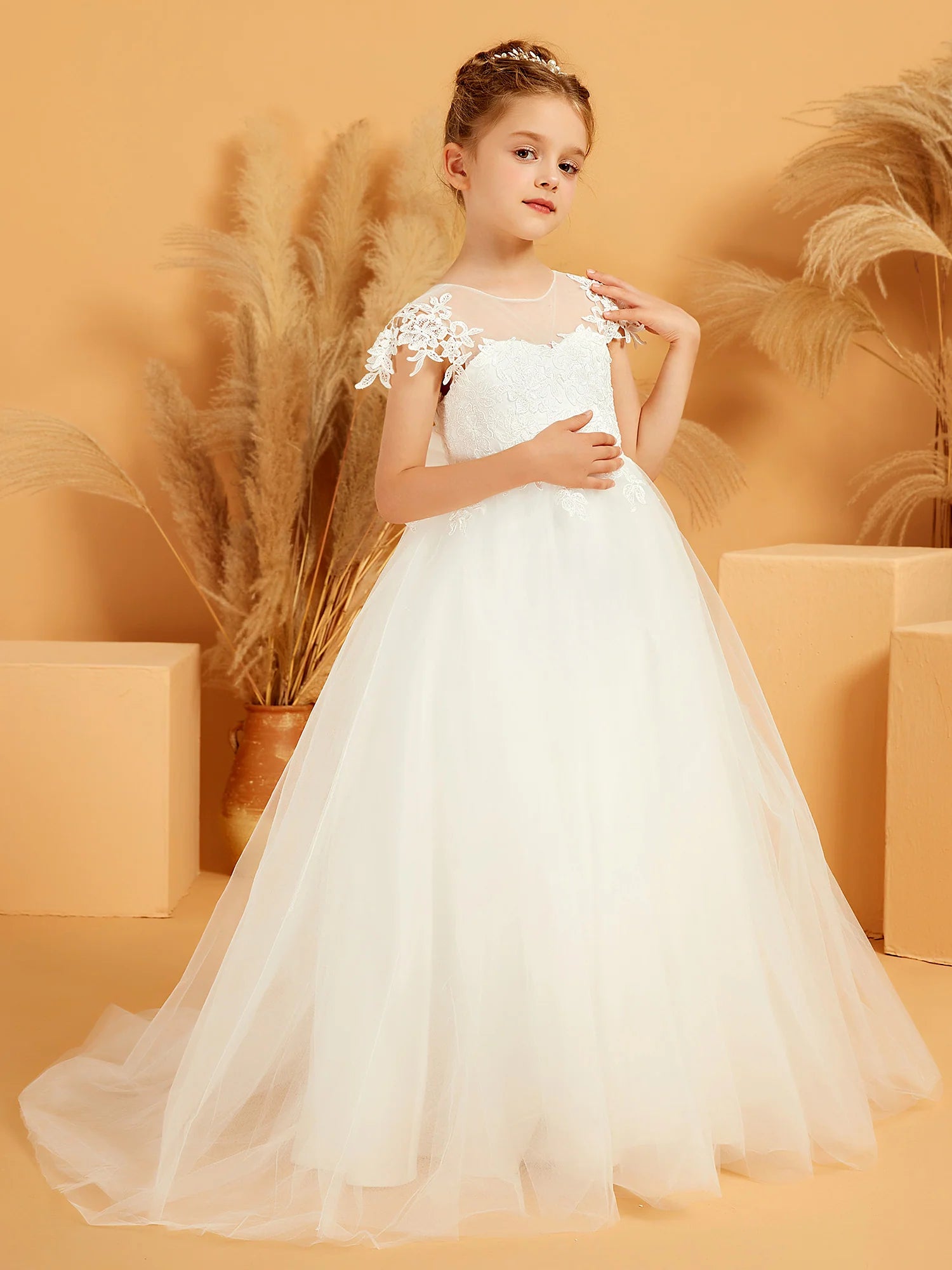 Cap Sleeve Illusion Neck Lace V Back Train White Tulle Floor Length Flower Girl Dresses