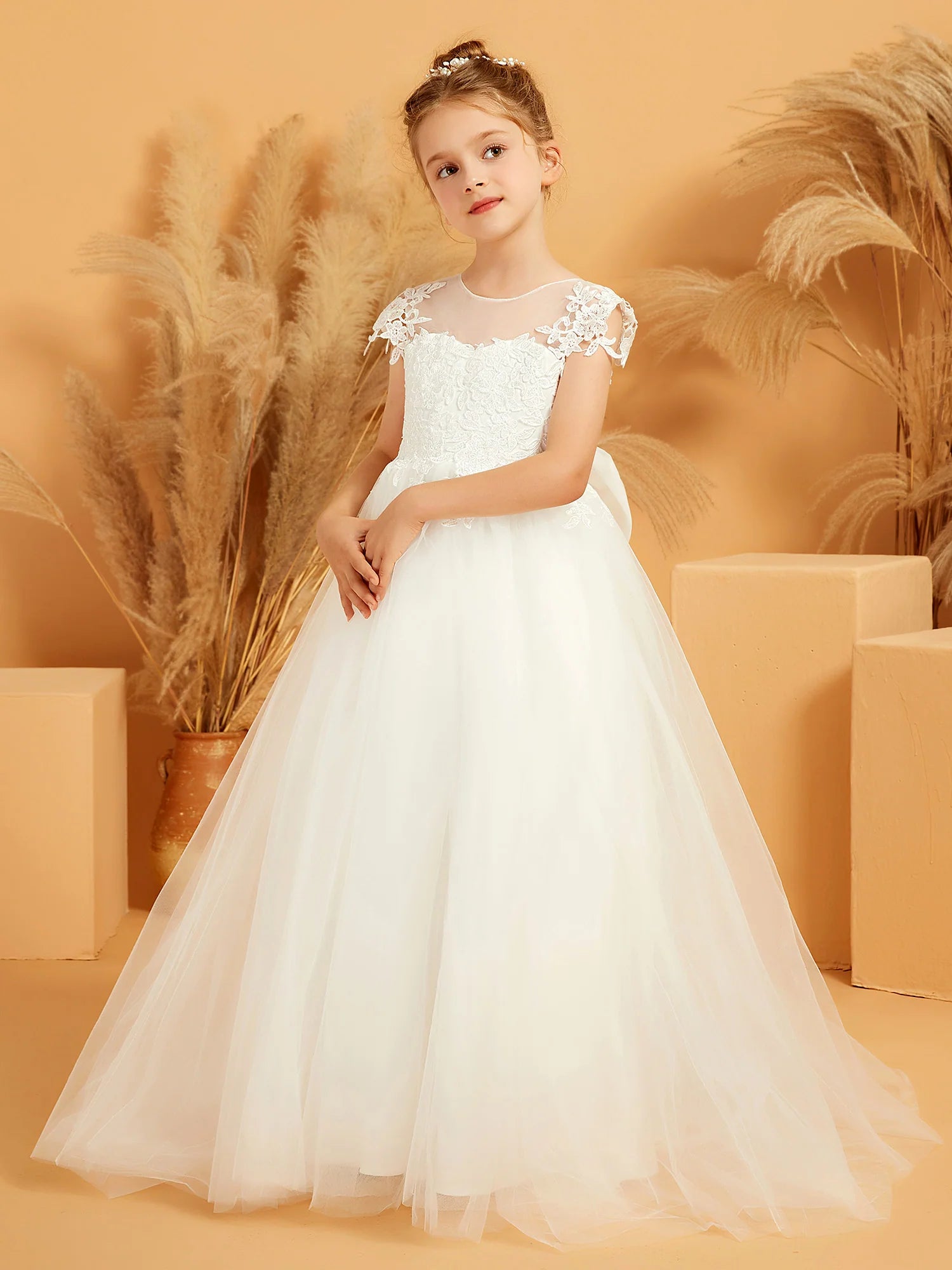 Cap Sleeve Illusion Neck Lace V Back Train White Tulle Floor Length Flower Girl Dresses