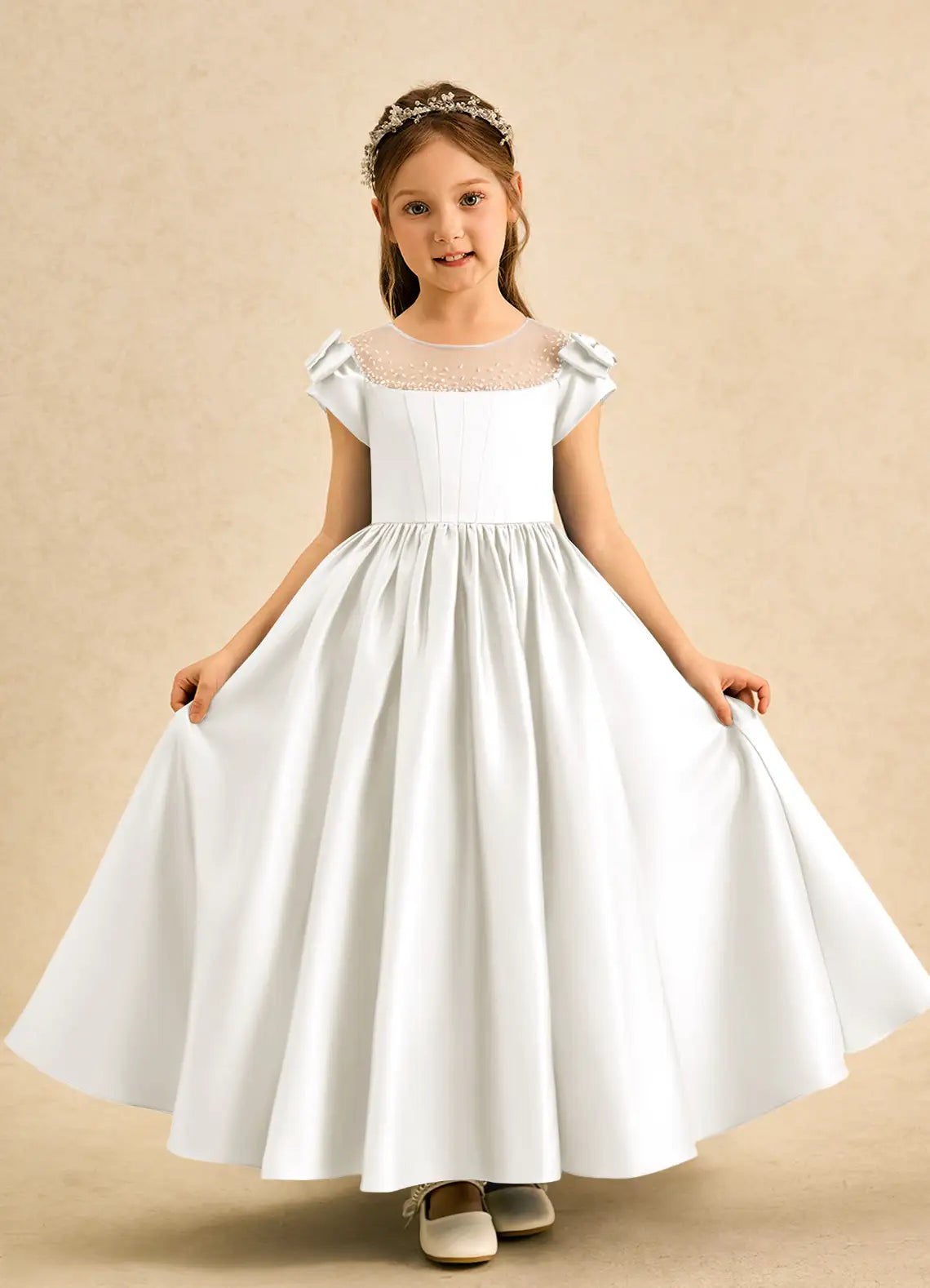 Cap Sleeve Illusion Neck White Full-Length Satin Flower Girl Dresses with Back Big Bow