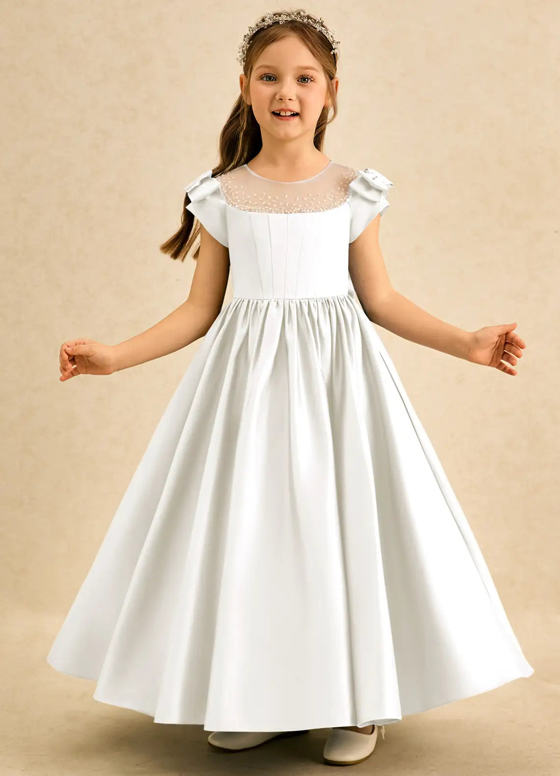 Cap Sleeve Illusion Neck White Full-Length Satin Flower Girl Dresses with Back Big Bow