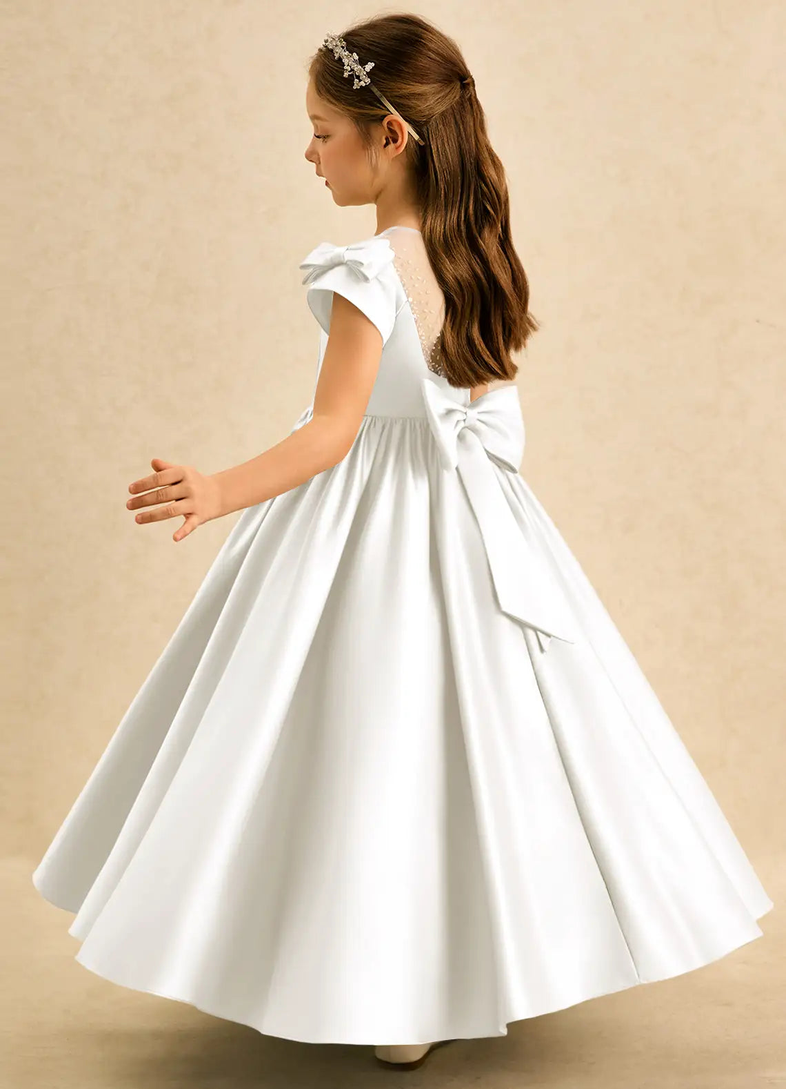 Cap Sleeve Illusion Neck White Full-Length Satin Flower Girl Dresses with Back Big Bow