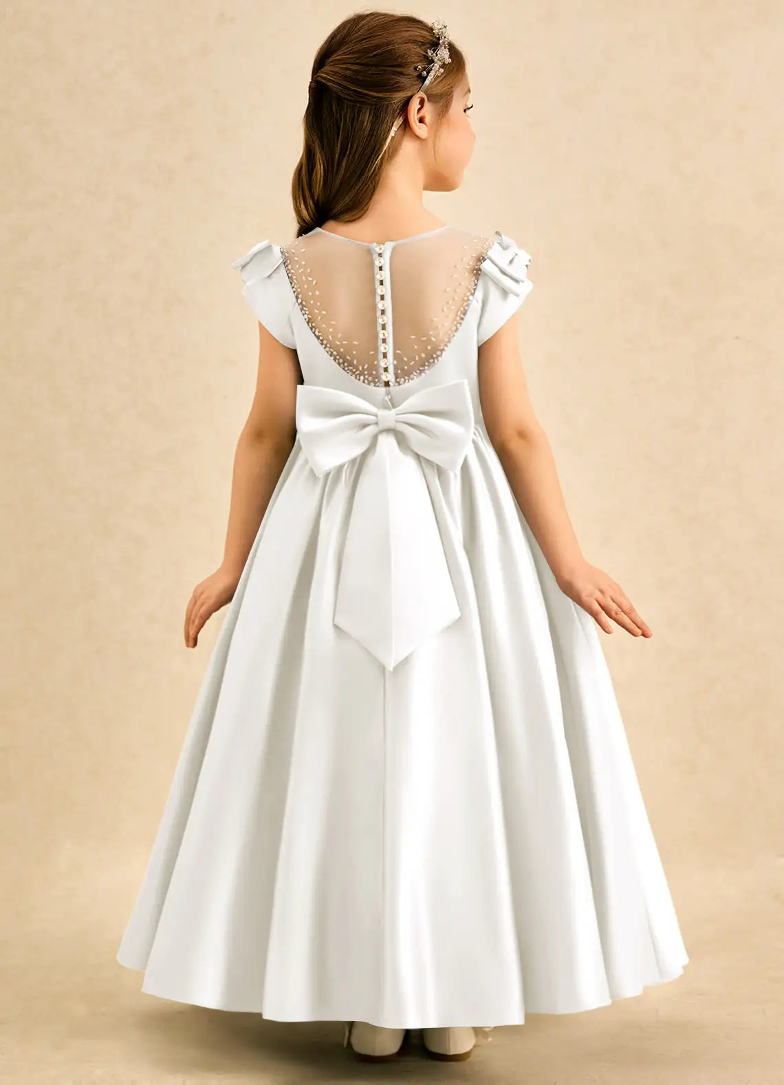 Cap Sleeve Illusion Neck White Full-Length Satin Flower Girl Dresses with Back Big Bow