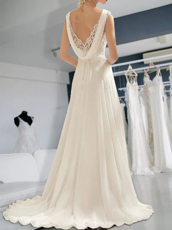 Cap‑Sleeve Lace‑Beaded Chiffon A‑Line Wedding Dress With Draped V‑Back