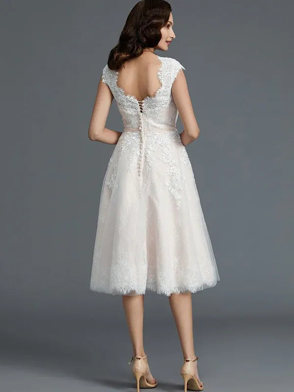 Cap‑Sleeve Lace‑Bodice Blush‑Tulle Knee‑Length A‑Line Wedding Dress With Satin‑Sash & Corset‑Back Detail