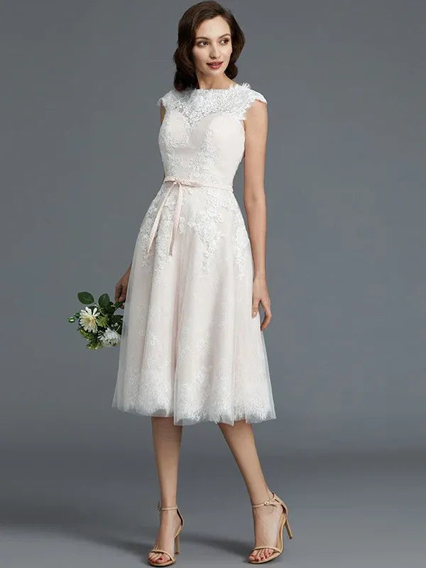 Cap‑Sleeve Lace‑Bodice Blush‑Tulle Knee‑Length A‑Line Wedding Dress With Satin‑Sash & Corset‑Back Detail