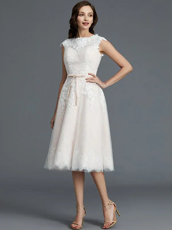 Cap‑Sleeve Lace‑Bodice Blush‑Tulle Knee‑Length A‑Line Wedding Dress With Satin‑Sash & Corset‑Back Detail