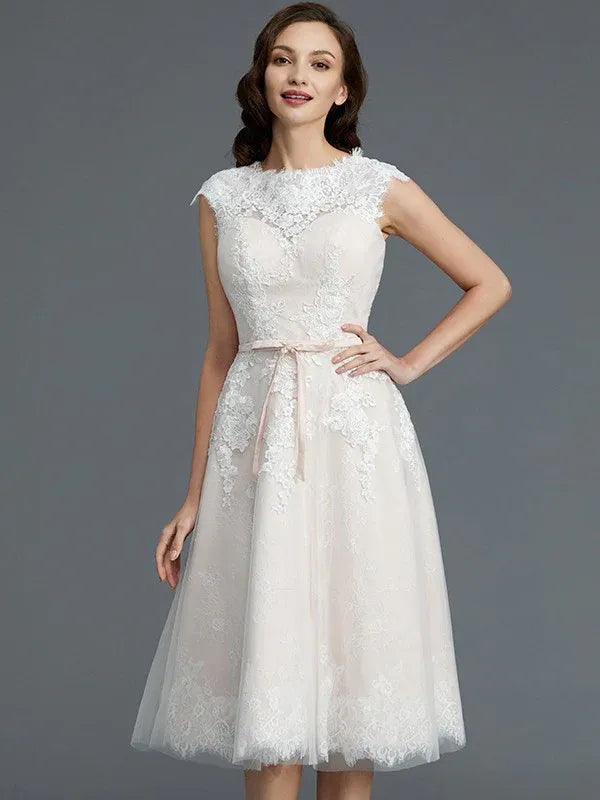 Cap‑Sleeve Lace‑Bodice Blush‑Tulle Knee‑Length A‑Line Wedding Dress With Satin‑Sash & Corset‑Back Detail