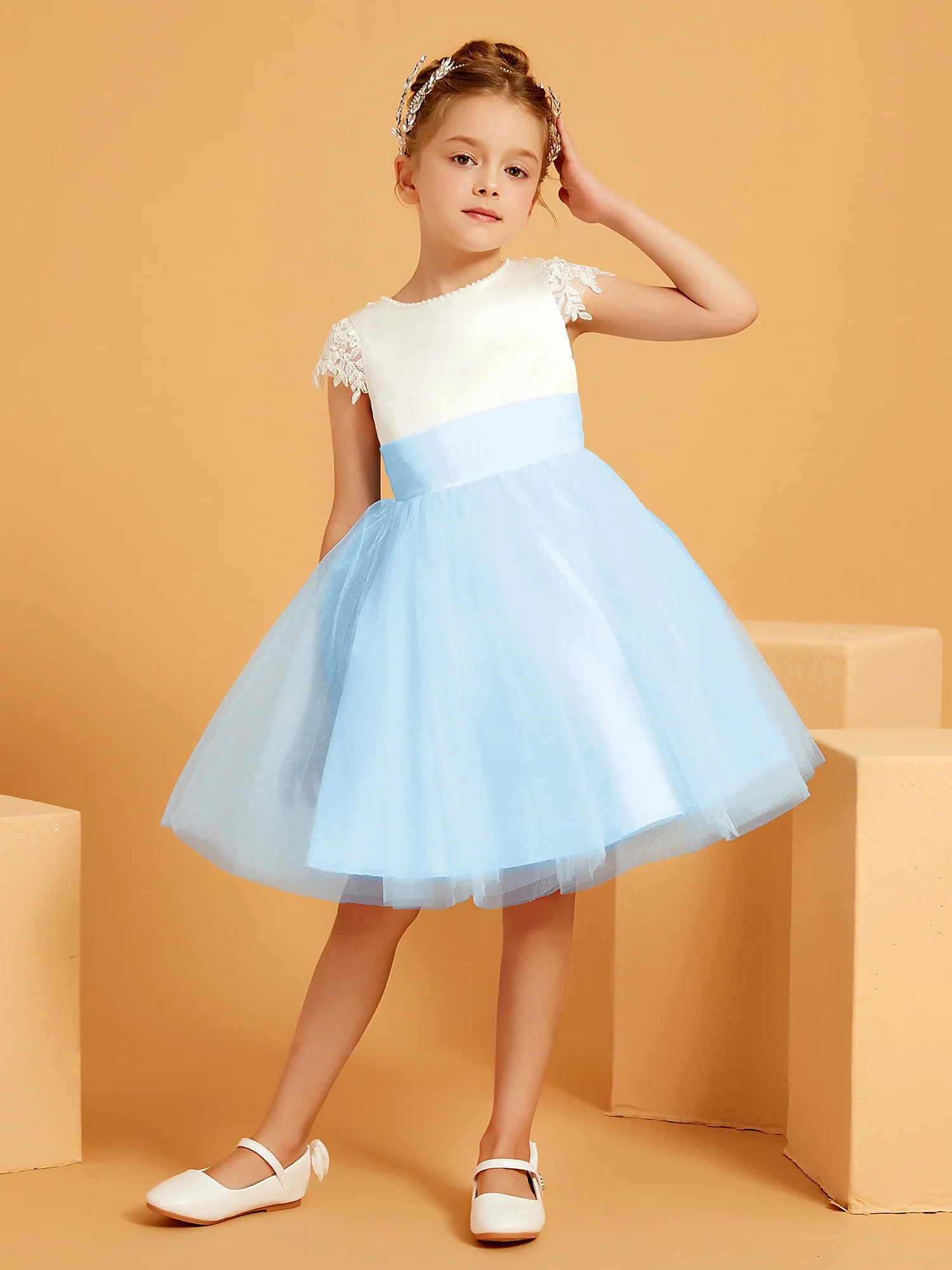 Cap Sleeve Lace V Back Big Bow Light Blue Tulle Knee Length Flower Girl Dresses