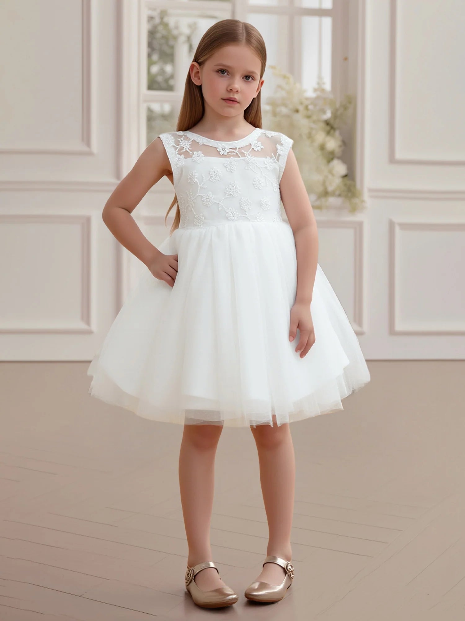 Cap Sleeve Lace V Back Giant Tulle Bow White Tulle Knee-Length Flower Girl Dresses