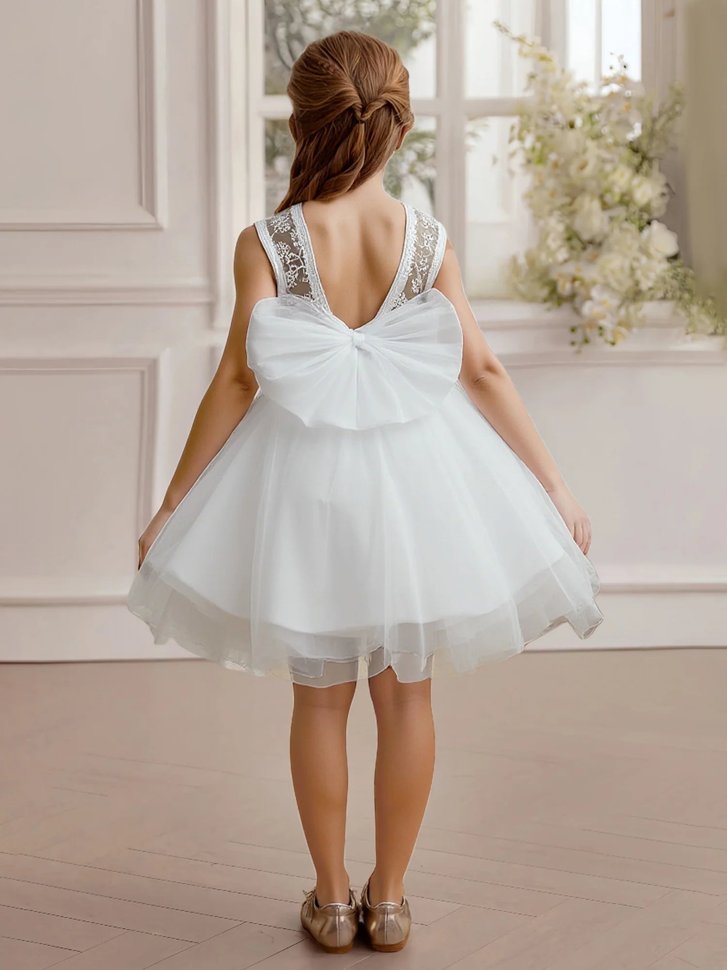 Cap Sleeve Lace V Back Giant Tulle Bow White Tulle Knee-Length Flower Girl Dresses