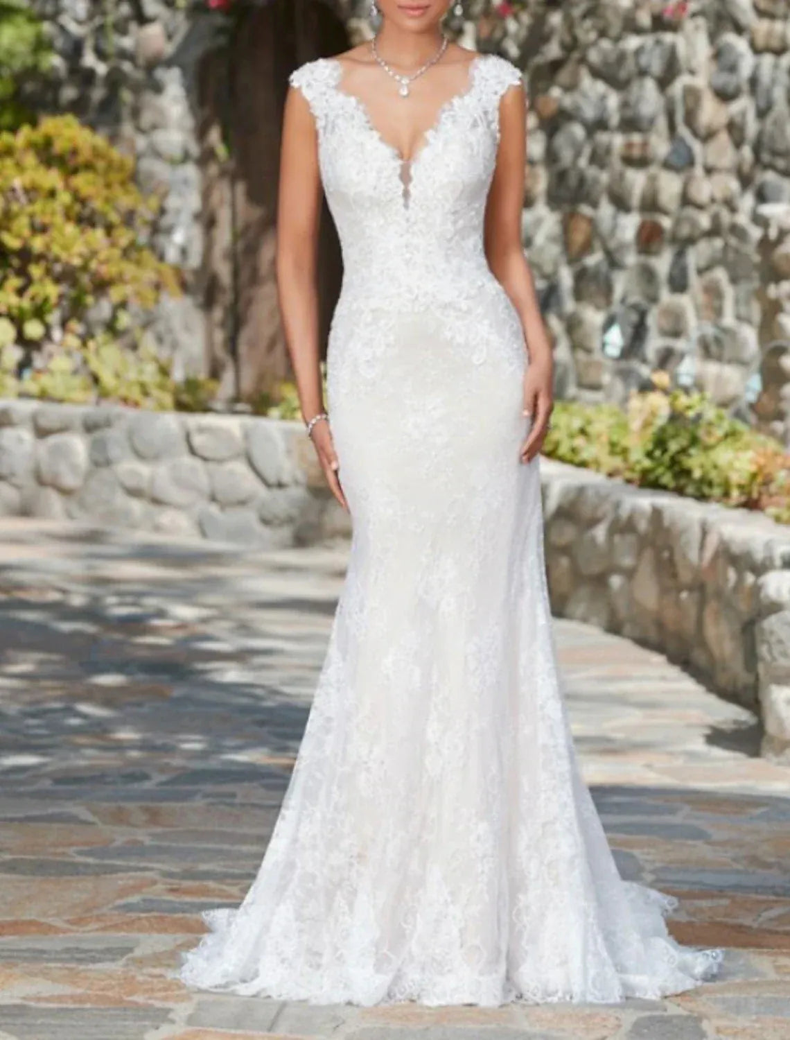 Cap‑Sleeve Plunging‑V Lace Mermaid Wedding Dress With Scalloped Train & Low‑V Back
