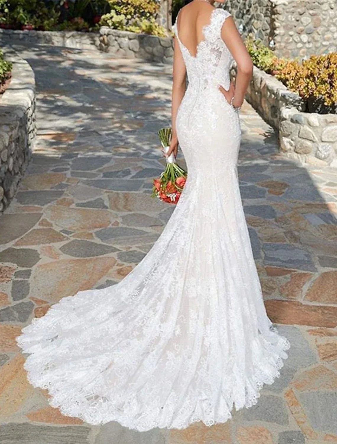 Cap‑Sleeve Plunging‑V Lace Mermaid Wedding Dress With Scalloped Train & Low‑V Back