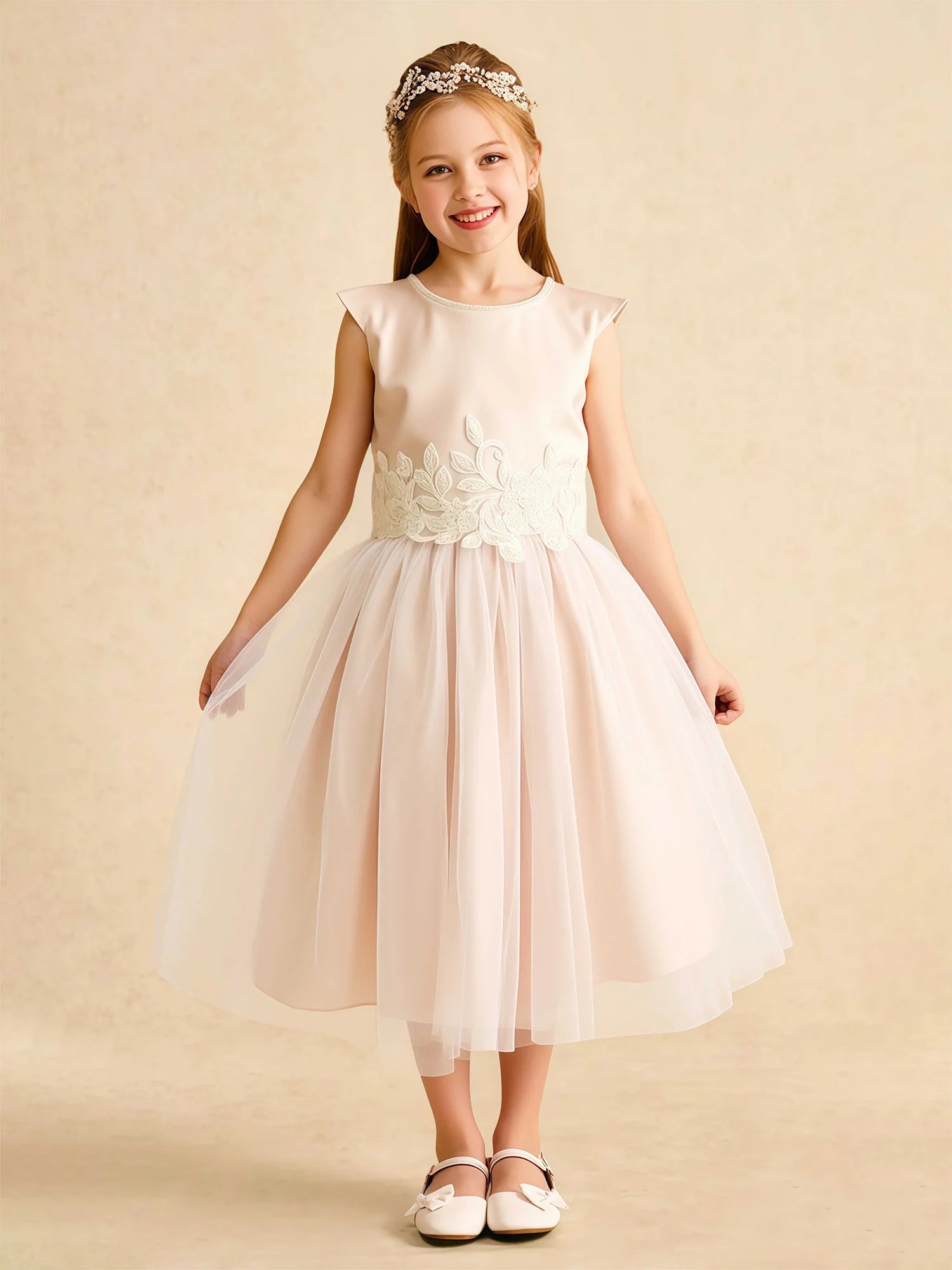 Cap Sleeve Rhinestone Round Neck Floral Lace Waist Champagne Satin Tulle Knee Length Flower Girl Dresses