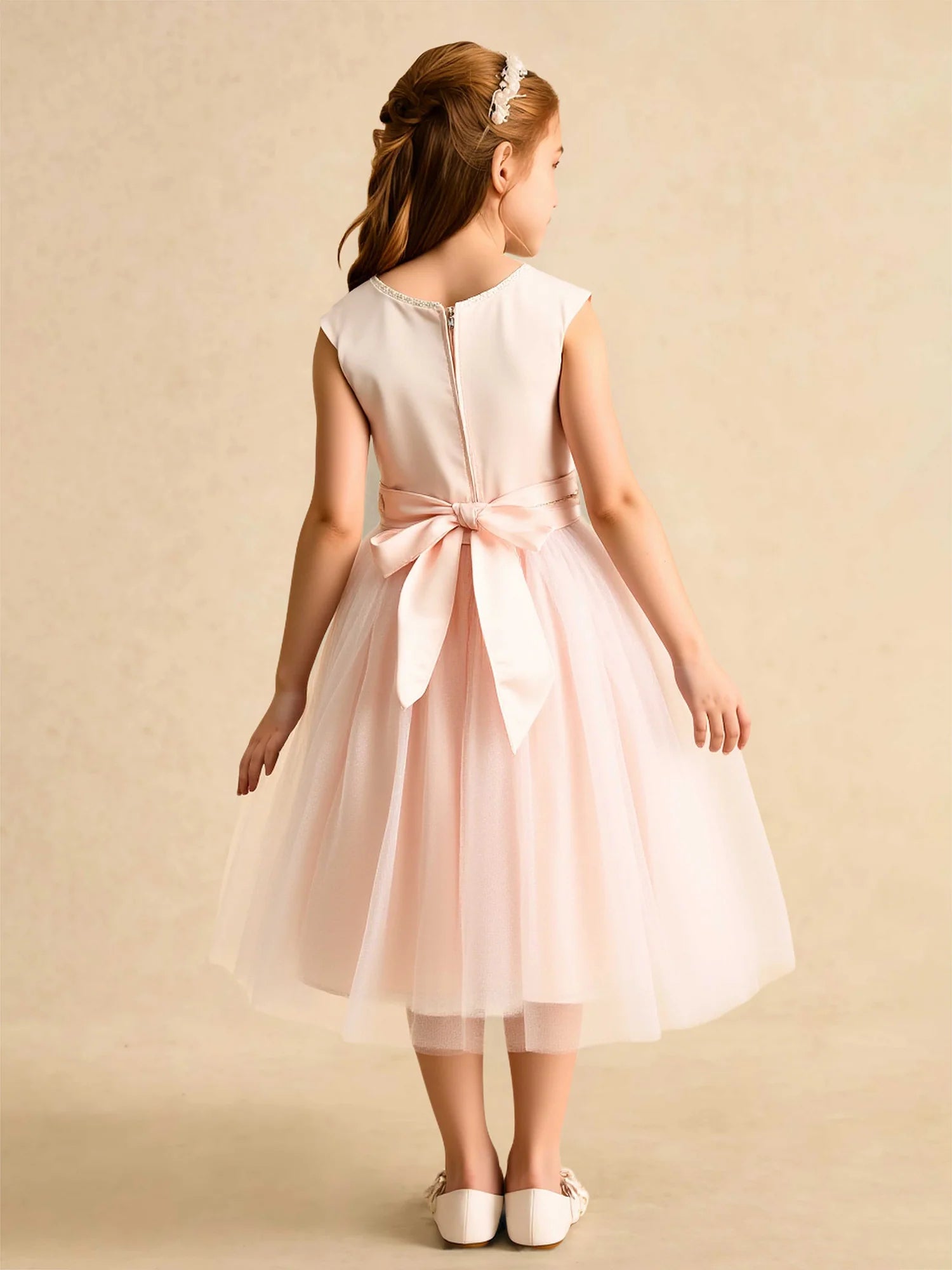 Cap Sleeve Rhinestone Round Neck Floral Lace Waist Champagne Satin Tulle Knee Length Flower Girl Dresses