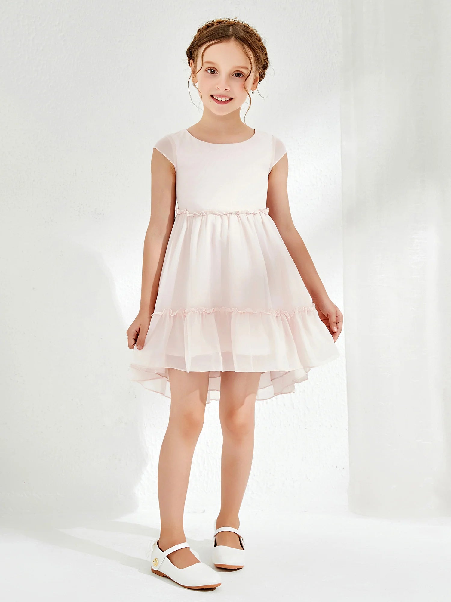 Cap Sleeve Round Neck Back Big Bow Tiered Ruffle Blush Chiffon High Low Flower Girl Dresses