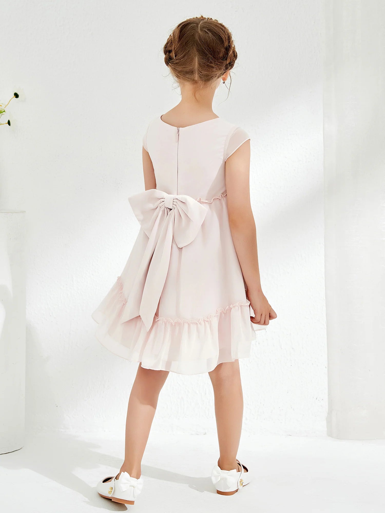 Cap Sleeve Round Neck Back Big Bow Tiered Ruffle Blush Chiffon High Low Flower Girl Dresses
