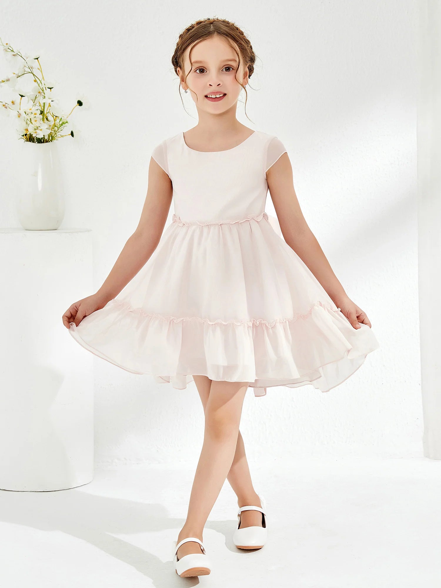 Cap Sleeve Round Neck Back Big Bow Tiered Ruffle Blush Chiffon High Low Flower Girl Dresses