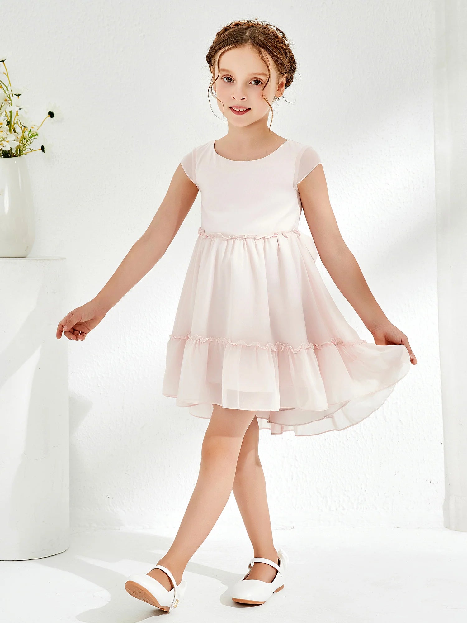 Cap Sleeve Round Neck Back Big Bow Tiered Ruffle Blush Chiffon High Low Flower Girl Dresses