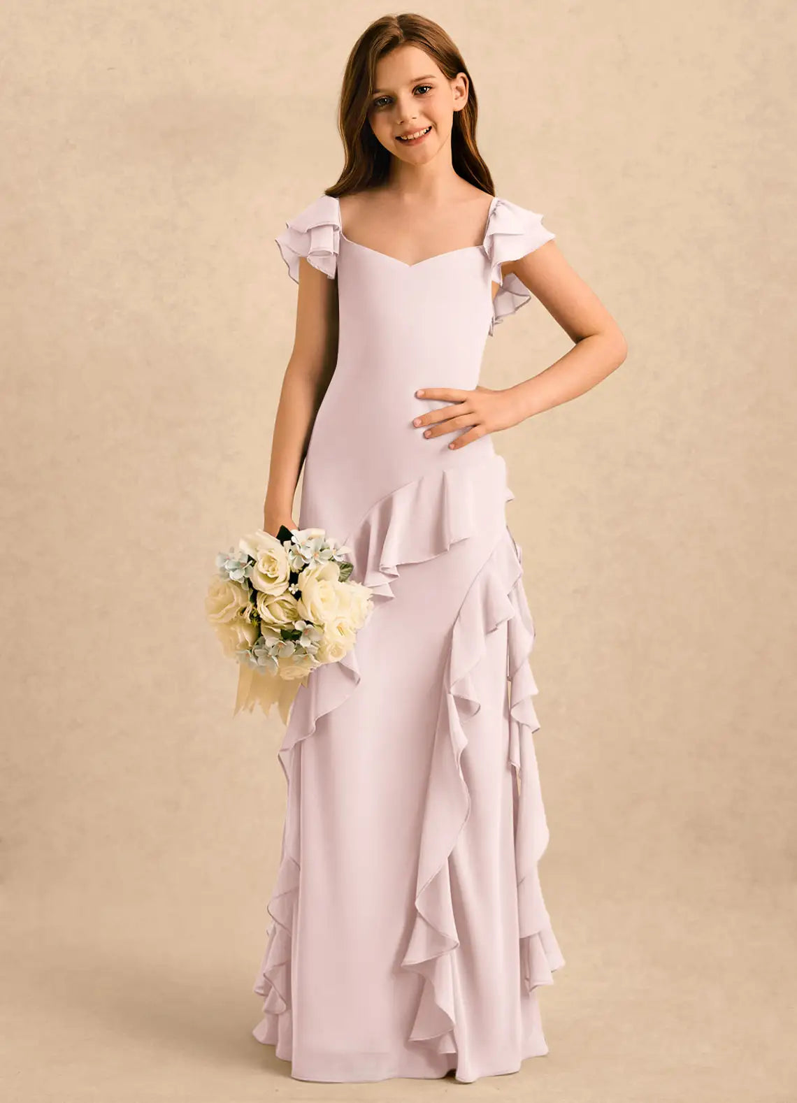 Cap Sleeve Sweetheart Neck Lavender Chiffon Full-Length Mermaid Junior Bridesmaid Dresses with Cascading Ruffles