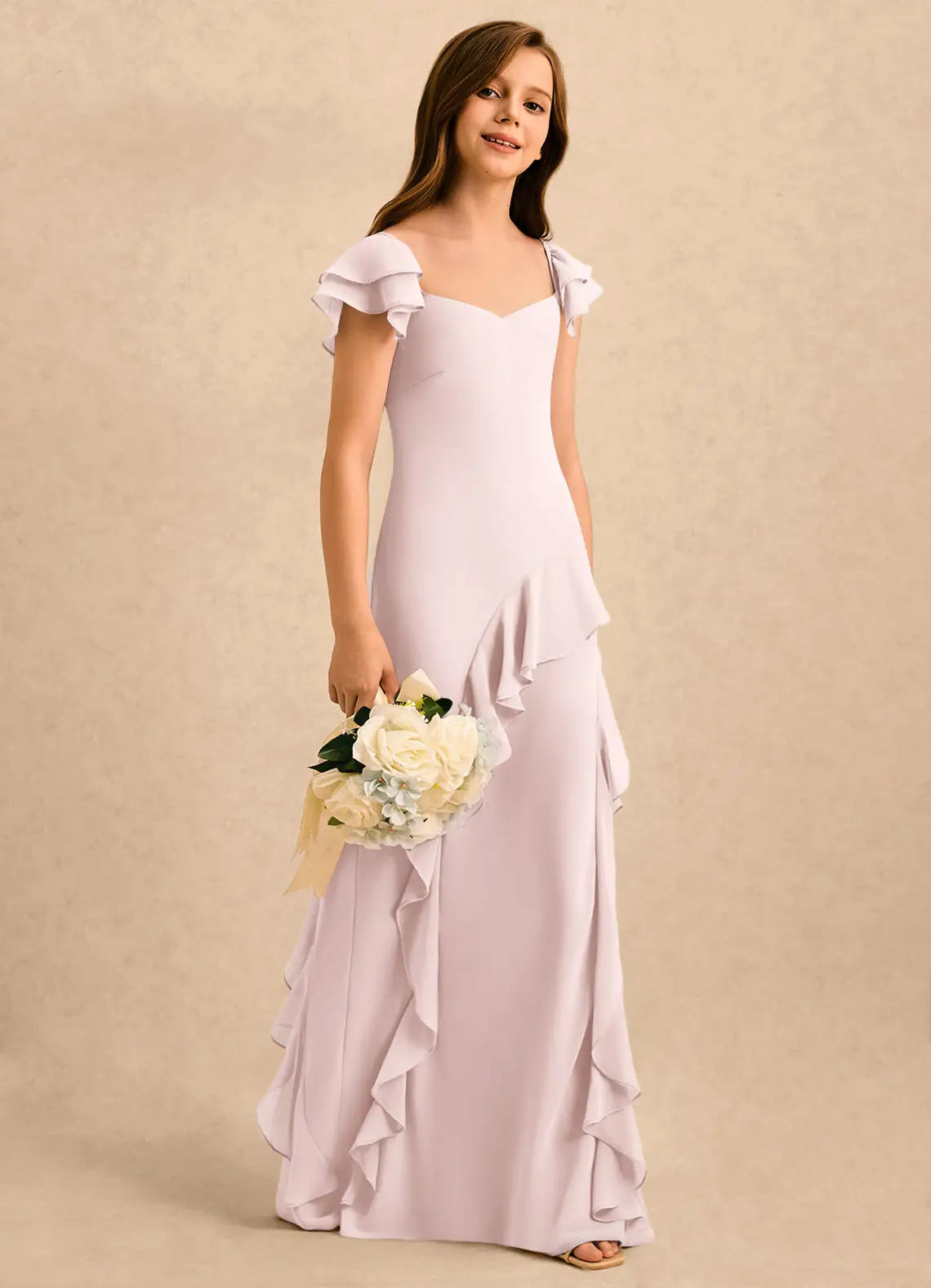 Cap Sleeve Sweetheart Neck Lavender Chiffon Full-Length Mermaid Junior Bridesmaid Dresses with Cascading Ruffles