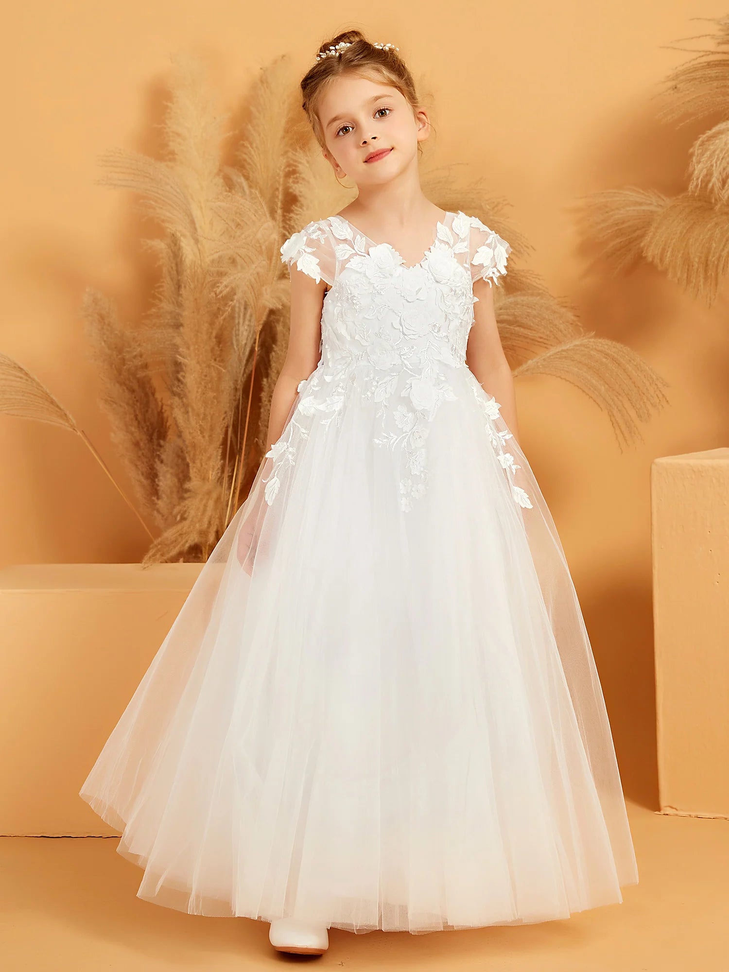 Cap Sleeve V Neck 3D Floral Lace White Tulle Floor Length Flower Girl Dresses