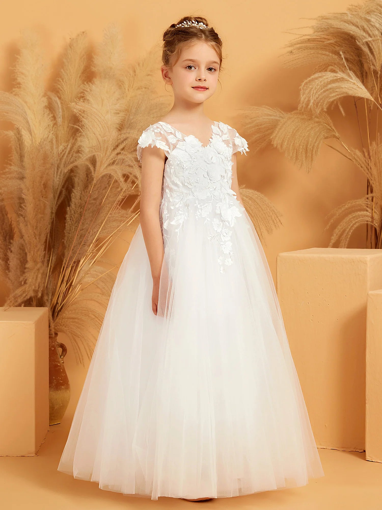 Cap Sleeve V Neck 3D Floral Lace White Tulle Floor Length Flower Girl Dresses