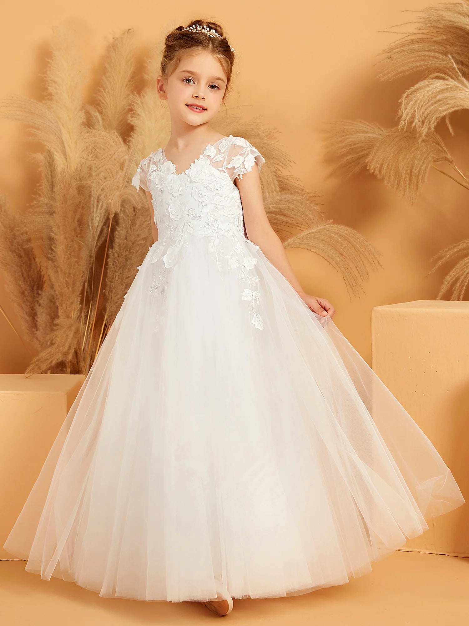 Cap Sleeve V Neck 3D Floral Lace White Tulle Floor Length Flower Girl Dresses