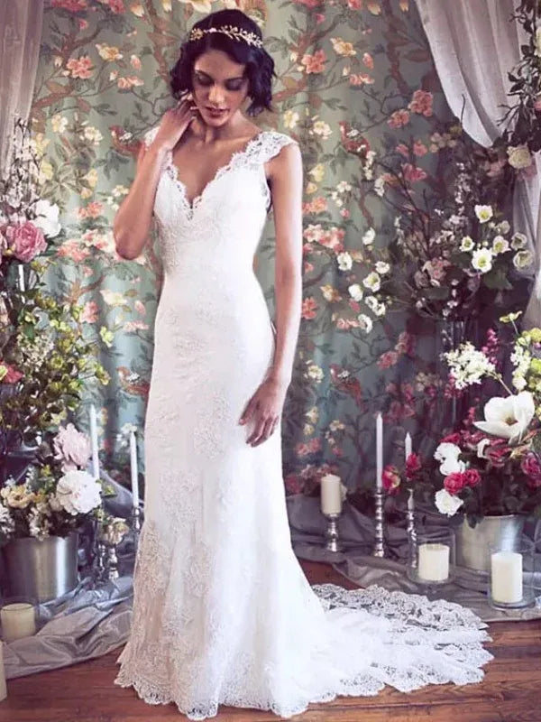 Cap‑Sleeve V‑Neck Full‑Lace Mermaid Wedding Dress With Corset‑Back & Scalloped‑Train Detail
