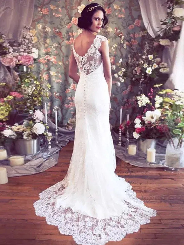 Cap‑Sleeve V‑Neck Full‑Lace Mermaid Wedding Dress With Corset‑Back & Scalloped‑Train Detail