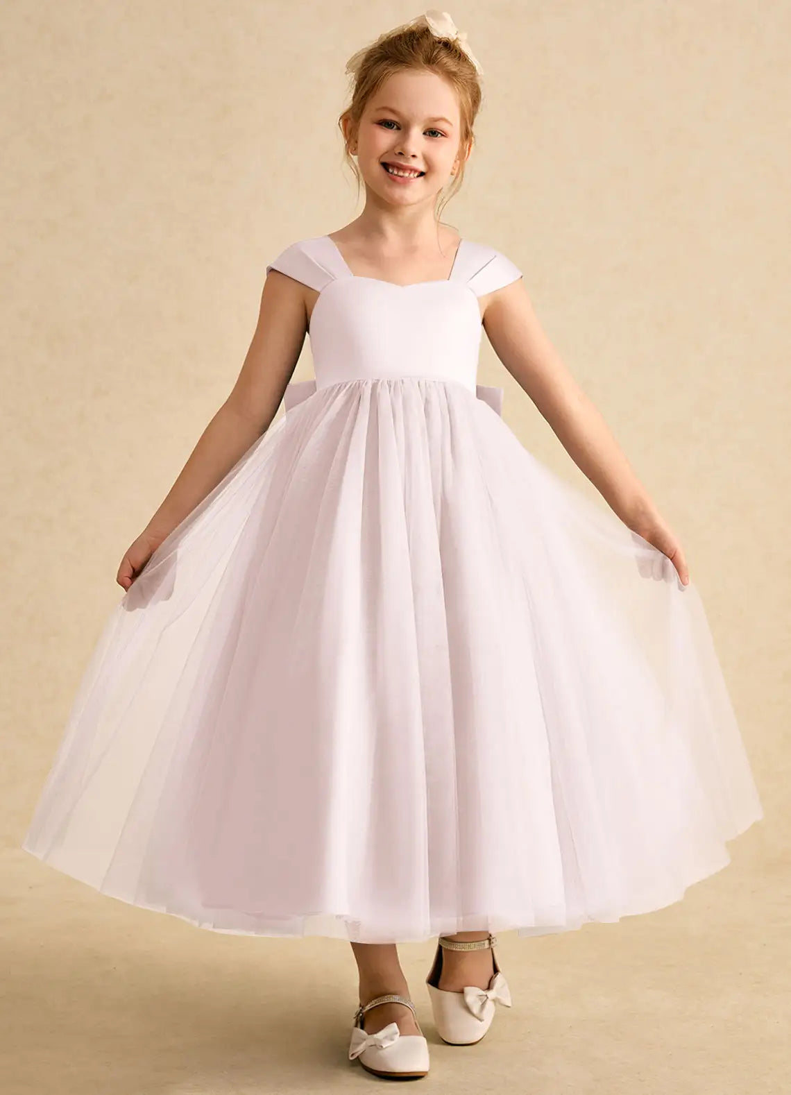 Cap Strap Sweetheart V Back Giant Satin Bow White Tulle Midi Flower Girl Dresses