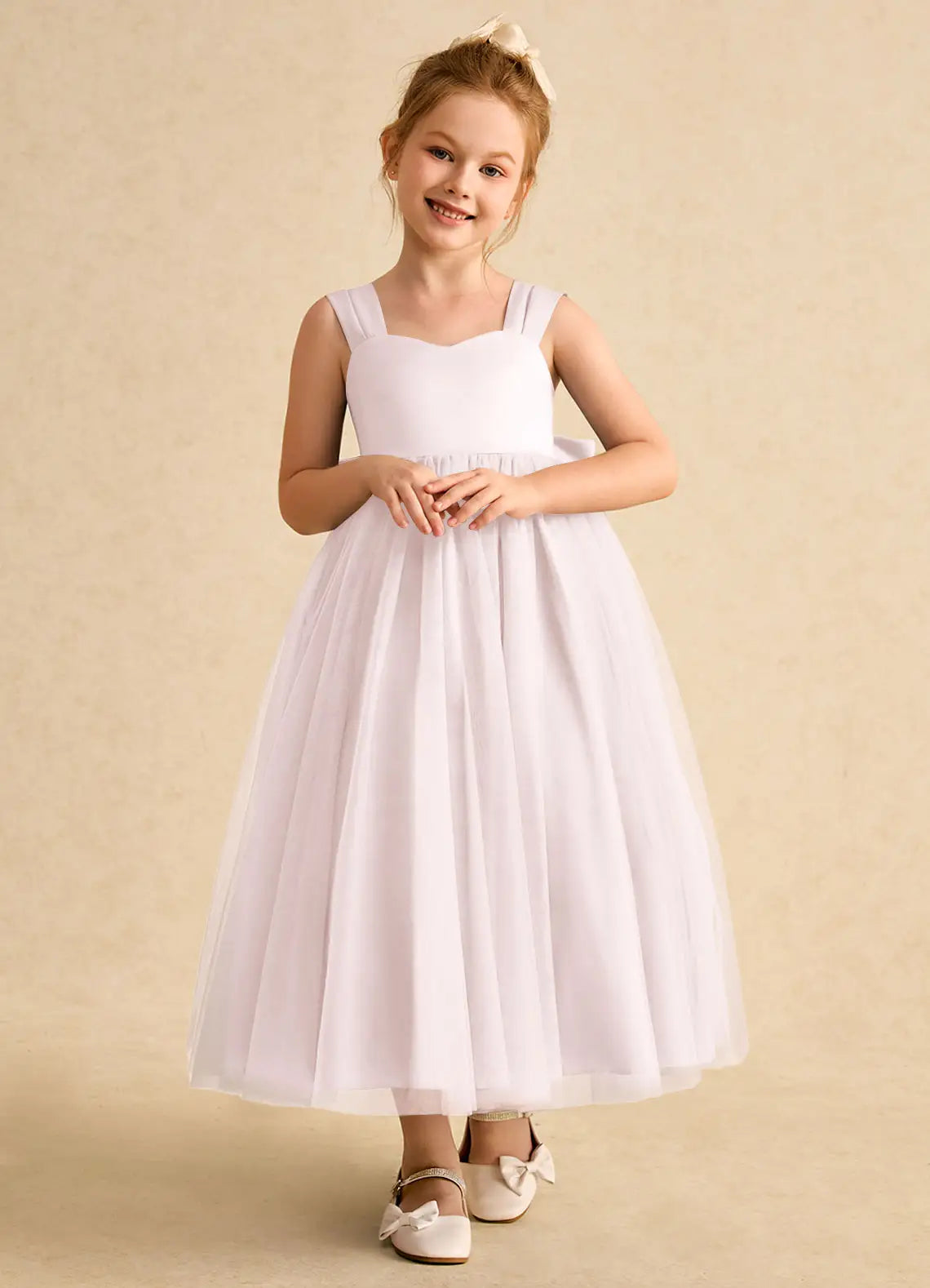 Cap Strap Sweetheart V Back Giant Satin Bow White Tulle Midi Flower Girl Dresses