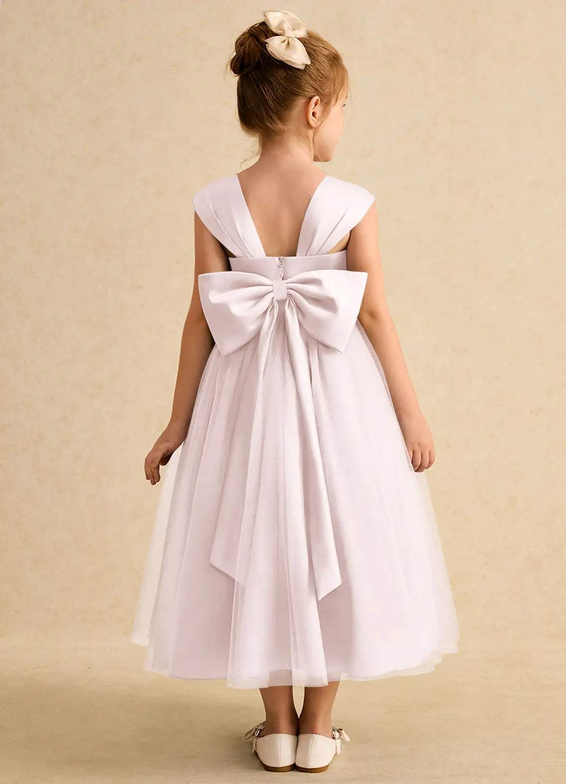 Cap Strap Sweetheart V Back Giant Satin Bow White Tulle Midi Flower Girl Dresses