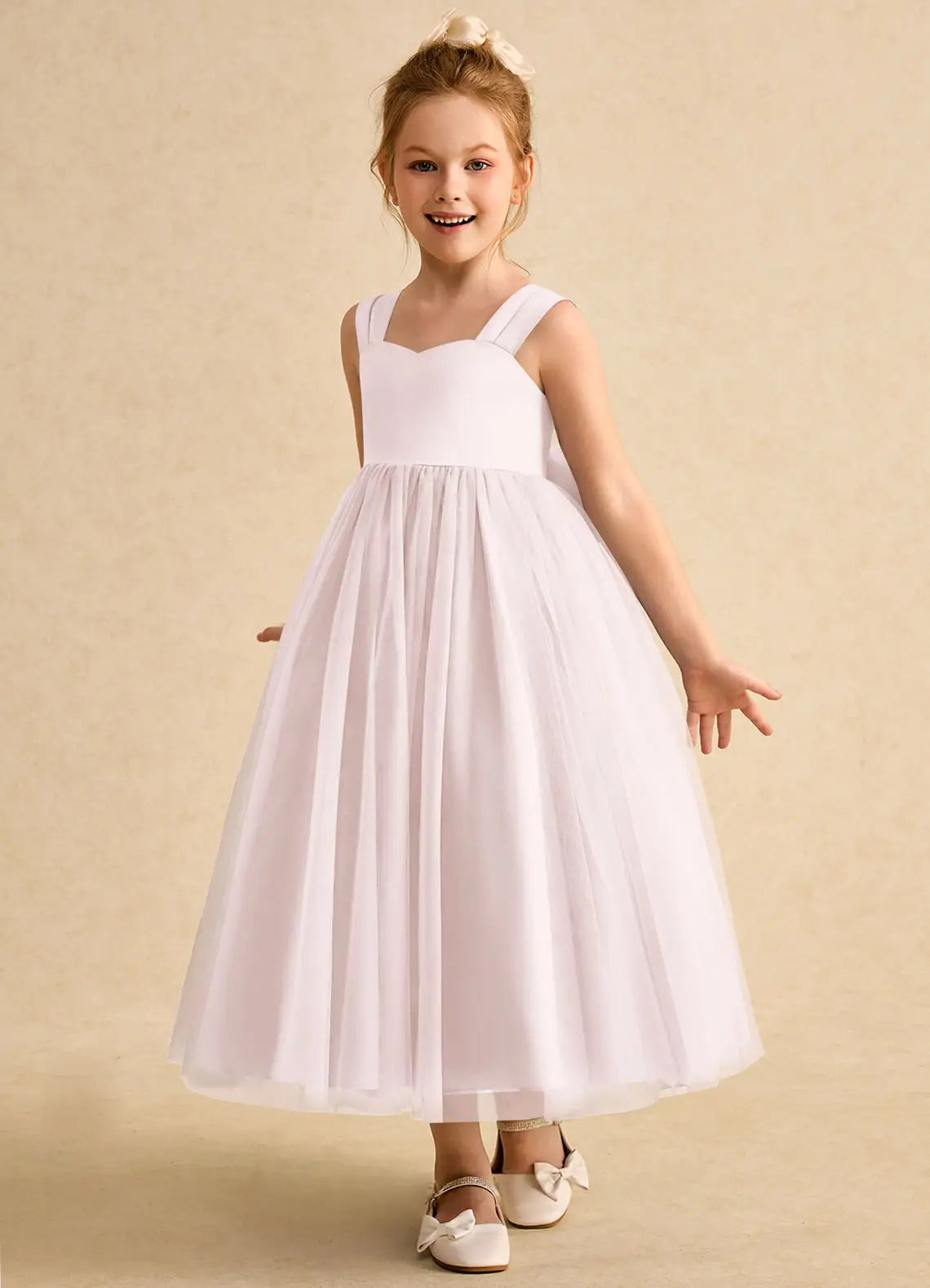 Cap Strap Sweetheart V Back Giant Satin Bow White Tulle Midi Flower Girl Dresses