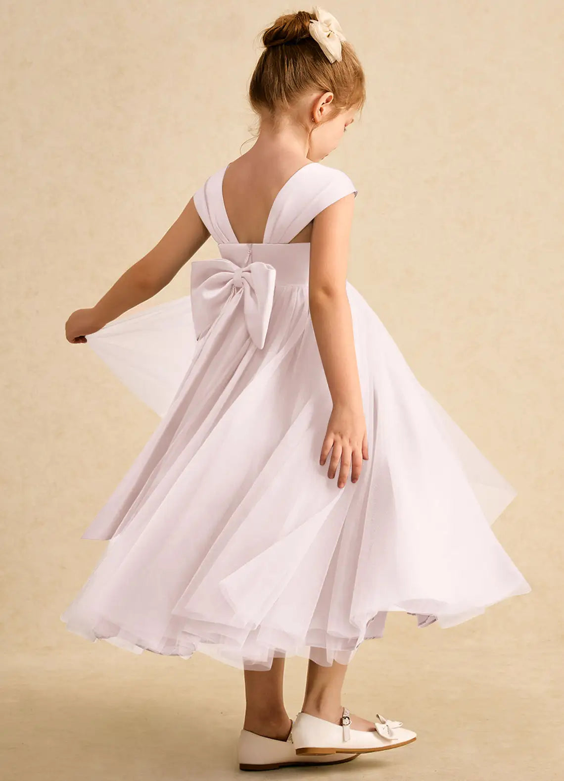 Cap Strap Sweetheart V Back Giant Satin Bow White Tulle Midi Flower Girl Dresses