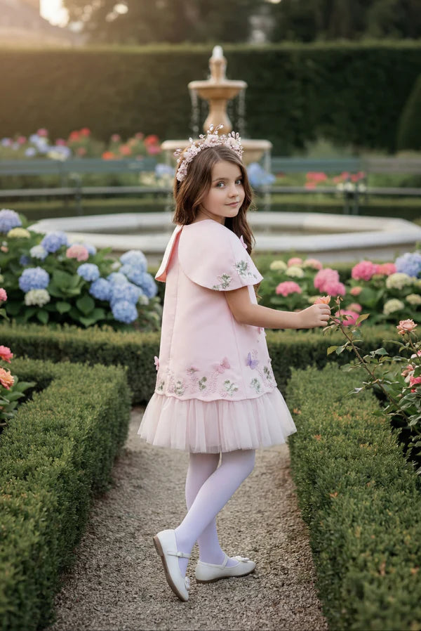 Cape Collar 3D Butterfly Embroidery Blush Tulle Midi Flower Girl Dresses