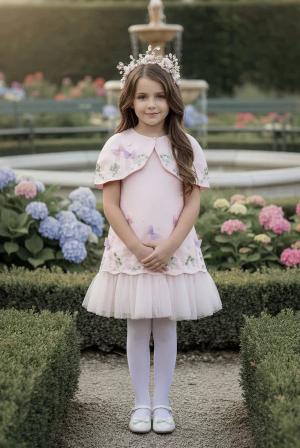 Cape Collar 3D Butterfly Embroidery Blush Tulle Midi Flower Girl Dresses