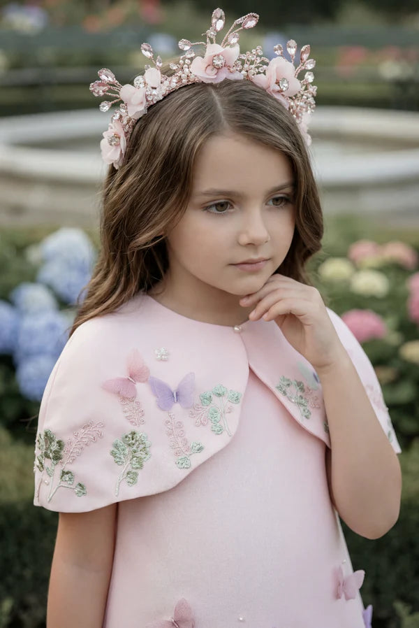 Cape Collar 3D Butterfly Embroidery Blush Tulle Midi Flower Girl Dresses