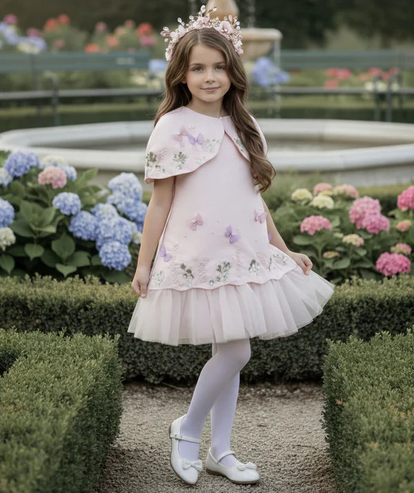 Cape Collar 3D Butterfly Embroidery Blush Tulle Midi Flower Girl Dresses
