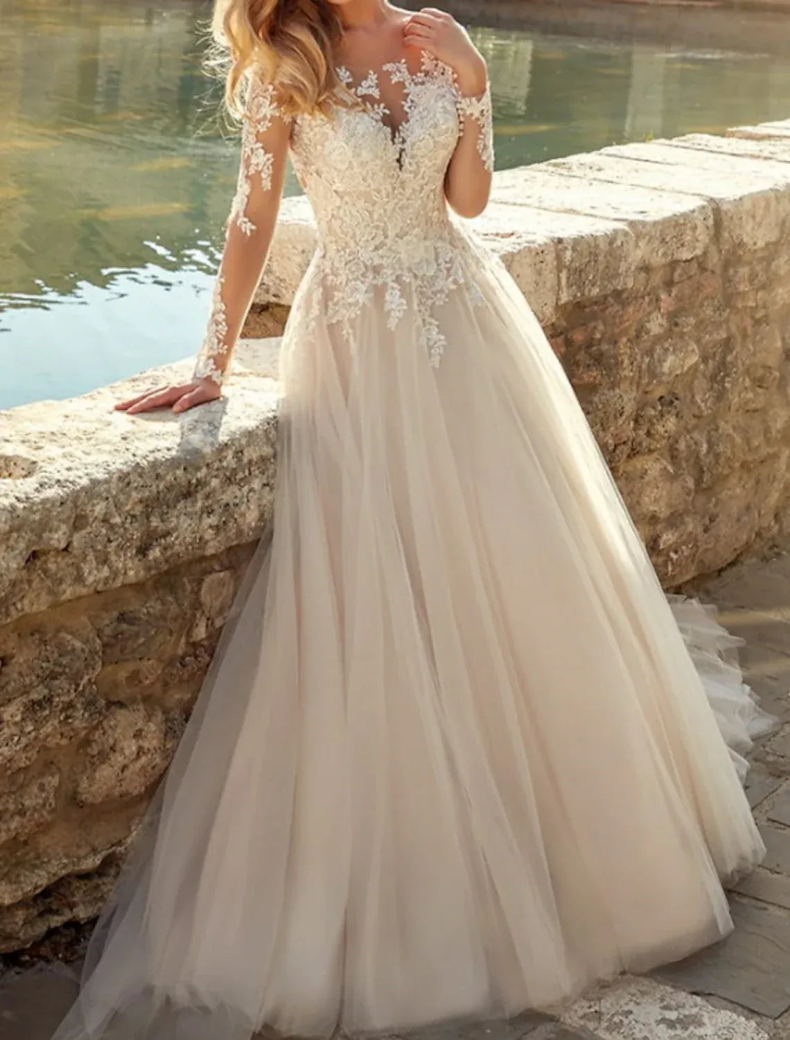 Champagne A-Line Illusion Neck Long Sleeve Floral Lace Pearl Button Tulle Wedding Dress